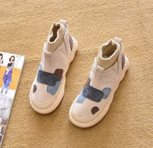 Flat Heel Short Boots round Toe Womens Fashion Martin Boots Cross Buckle Waterproof Rubber Sole Spring Autumn Seasonal Shoes