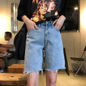 High Waist Straight Leg Jeans Shorts Womens Loose Fit Summer Vintage Hemline Korean Style Slimming Mid-Length Trendy Shorts