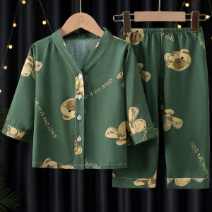 Kids Pajamas Summer Boys Thin Cotton Silk Long-Sleeve Suit Big Boys Kids Cardigan Cotton Silk Air Conditioning Room Homewear