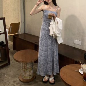 ชุดเดรสยาวผ้าชีฟองลายดอกไม้สีน้ำเงินสำหรับฤดูร้อน ชุดเดรสยาวคลุมเข่าทรงเอเข้ารูปเอวสูงสำหรับผู้หญิงไซส์เล็กและใหญ่