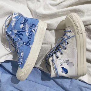 Graffiti Daymare Blue High-Top Canvas Shoes for Students Women Stylish 2024 Original Design Niche Shoes Hand Painted