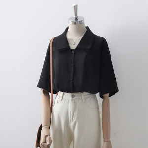 Elegant Black Chiffon Shirt Womens Double Layer Turn-down Collar Loose Short Sleeve Business Casual Summer Fashion 2025