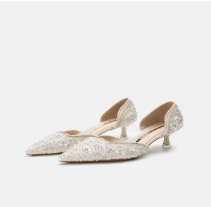รองเท้าส้นสูงแบบสวมหัวแหลมประดับคริสตัลสไตล์เกาหลีสำหรับผู้หญิง รองเท้าแต่งงานแบบสวมหัวแหลมส้นบาง รองเท้าแฟชั่นฤดูใบไม้ผลิและฤดูใบไม้ร่วง