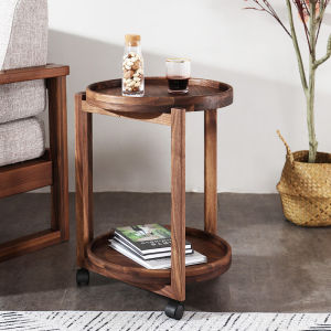 Mobile Black Walnut round Sofa Table Wooden Side Table Mini Tea Table with Wheels Corner Table Solid Wood round Table