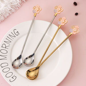 Japanese Style Long Handle Sakura Coffee Spoon 304 Stainless Steel Creative Cute Stirring Spoon Dessert Spoon Small round Spoon