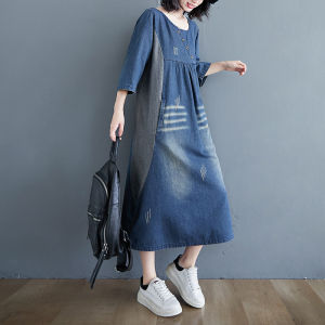 Loose Long Denim Dress Womens plus Size Spring Autumn Fashion Casual round Neck Long Sleeve Pocket Detail Artistic Dress