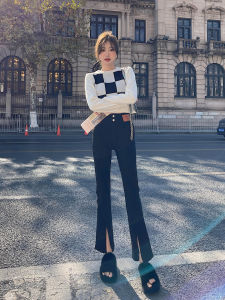 กางเกงยีนส์ทรงขาบานเอวสูงสำหรับผู้หญิง ฤดูใบไม้ร่วง/ฤดูหนาว กางเกงขายาวทรงสลิมฟิต ทรงขาบาน ทรงสลิมฟิต ทรงสลิมฟิต