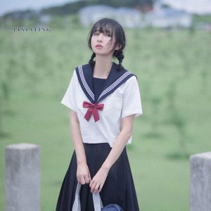 [Chestnut] · Basic Style Summer Clothes · Spot Goods Thick Cyanosis Guan Xi Placket White Three Books Sailor Suit JK Uniform Short Sleeve