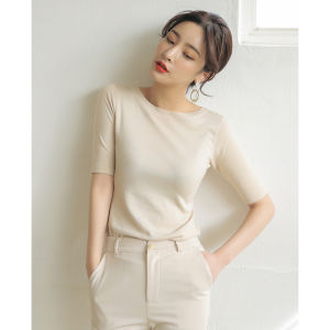 เสื้อยืดไหมน้ำแข็งแขนสั้นทรงเข้ารูปสไตล์เกาหลีสำหรับผู้หญิง ทรงเข้ารูป แขนสั้น 5 ส่วน คอกลม ผ้าถัก ลำลอง ฤดูร้อน 2024