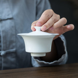 Runrui Jingdezhen Handmade Egg-Shell Porcelain Small Cover Teacup White Porcelain Horseshoe Cover Bowl Single Anti-Scald Ceramic Tea Bowl