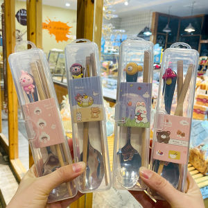 Portable Stainless Steel Chopsticks Spoon Dining Set Cute High Aesthetic Travel Student Office Workers Meal Kit Cartoon Style
