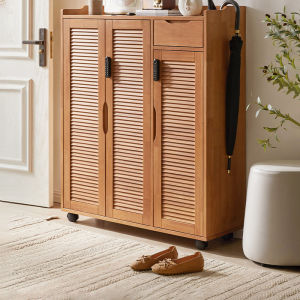 Solid Wood Movable Shoe Cabinet with Lock and Wheels Cherrywood Color Home Doorway Corridor outside Cabinet Outdoor Corridor Shoe Rack