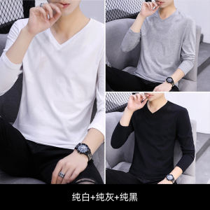 Mens Pure Cotton V-Neck T-Shirt Short Sleeve Summer Solid Color Base Shirt Half Sleeve Long Sleeve Trendy Youth Fashion Casual Wear