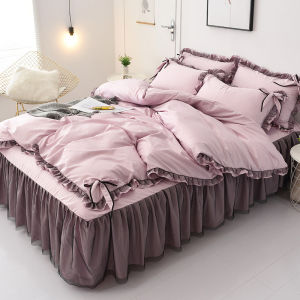 Ice Silk Bedding Set Four-Piece Princess Lace Edged Single Piece Three-To-Three Quilt Cover Korean Style Floral Print Duvet Cover