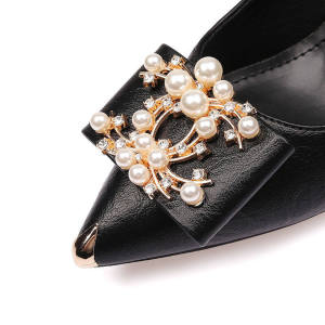 Cabin Crew High Heels Soft Leather Work Shoes Fine Heel Professional Womens Shoes Black Leather Fashionable Commute Metal Diamond