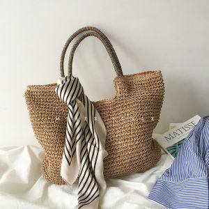 Large Capacity Woven Tote Bag Korean Style Retro Straw Weaving Womens Shoulder Bag Casual Scenario Soft Material