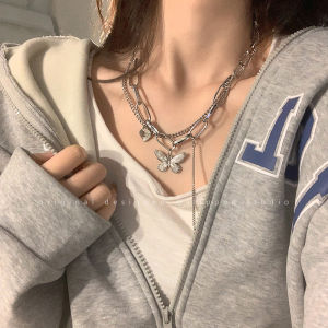 Double Layer Metal Butterfly Sweater Necklace Womens Hip Hop Spicy Girl Style Hoodie Chain Accessory Clavicle Chain Necklace