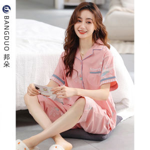 [Soft Feeling] Pajamas Womens Summer Cotton Short Sleeve Capri Pants Thin Summer Korean Style Summer Homewear Suit