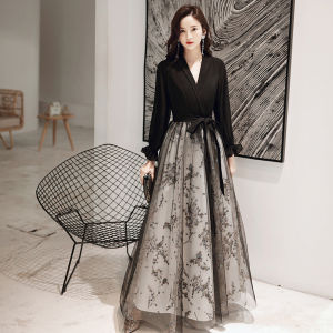 Elegant Black Evening Gown Womens Long Ball Dress Host Performance Ceremony Dress mid Waist A-Line Skirt Bubble Sleeve
