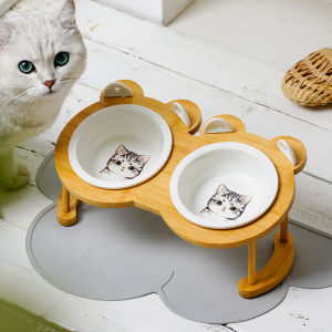 Cat Bowl Double Bowl Cat Food Basin Cat Anti-Tumble Ceramic Pet Dog Food Bowl Drinking Water Oblique Mouth Protection Cervical Spine Cat Food Holder