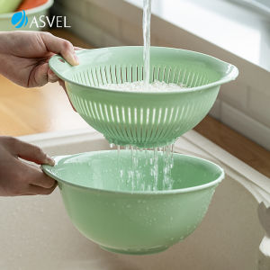 Asvel Double Layer Plastic Kitchen Sink Vegetable Washing Basket Rice Cleaning Bowl Home Use Fruit Filtering Tray Pure Color