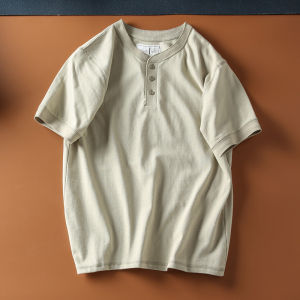 Summer New American Retro Henley Shirt Short-Sleeved T-shirt Mens Amekaji Pure Cotton Solid Color Heavy Washed T-shirt