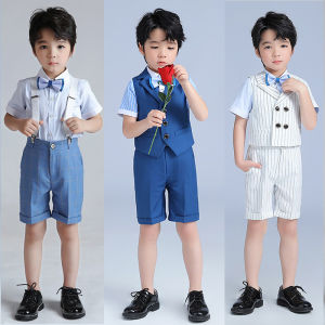 ชุดออกงานเด็กผู้ชายชุดสูทเสื้อกั๊กวันเกิดเด็กผู้ชายฤดูใบไม้ผลิและฤดูร้อนชุดสูทเด็กชุดแสดงเปียโนเด็กลายดอกไม้สไตล์อังกฤษ