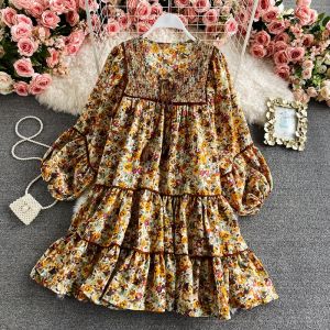 Retro Loose Floral Print Square Neck Doll Dress Korean Style Commute High Waist Long Sleeve mid Length A-Line Skirt Dress