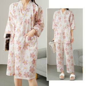  Japanese Style Ladies Pure Cotton Flannel Kimono Home Set Summer Collection Long Sleeve V-Neck Print Sleepwear And Robe