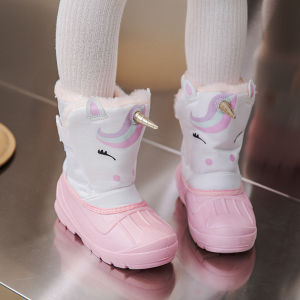 Princess Winter Thickened Warm Anti-Slip Childrens Rain Boots Snow Boots Fleece Lined Mid-Calf Waterproof Rubber Boots