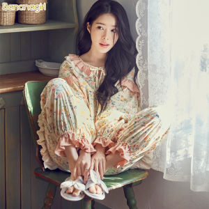 Bộ Đồ Ngủ Cotton Dài Tay Mùa Xuân Thu Cho Nữ Bộ Đồ Ngủ in Hoa Phong Cách Công Chúa Bộ Đồ Ngủ Cotton Thoải Mái Cho Nữ