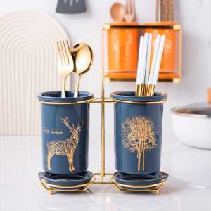 Accessible Luxury Chopsticks Basket Ceramic Chopsticks Holder Kitchen Chopsticks Spoon Storage Box Barrel Drain Chopsticks Cage For Home Storage Rack