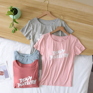 Spring and Summer Letter Modal with Chest Pad Bar Cup Bra Short Sleeve T-shirt Female Homewear Tops Yoga Sports