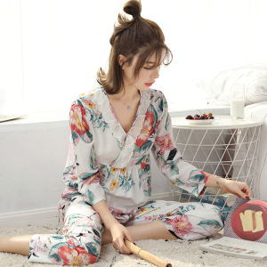 Spring Autumn Womens Long Sleeve Thin Cotton Silk Sleepwear Loose Comfortable Home Clothes Large Size Artificial Cotton
