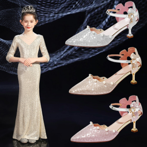 รองเท้าส้นสูงเด็กผู้หญิงรองเท้าเจ้าหญิงรองเท้าคริสตัลเด็กผู้หญิงแบบใหม่ฤดูใบไม้ผลิและฤดูร้อนฤดูใบไม้ร่วงรองเท้าสำหรับการแสดงหัวแหลมรองเท้าหนังสำหรับเด็ก
