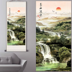 Living Room Feng Shui Sofa Hanging Picture Opportunity Knocks Landscape Painting Office Mountain Scenery Vertical Version Lucky Scroll Decoration