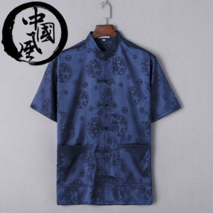 Loose Fit Short Sleeve Mens Tang Suit Thin Summer Top Dad Style Hanfu Casual Wear Silk Material round Pattern No Ironing Needed