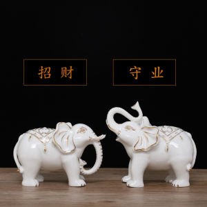 Dehua Ceramic White Porcelain Elephant Ornaments a Pair of Home Office Decorations Living Room Fortune Feng Shui and Home Protection Amulet Elephant