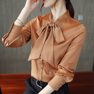 Elegant Silk Satin Shirt Womens Loose Long Sleeve Butterfly Knot Belted Office Professional Clothing Spring Autumn New Style