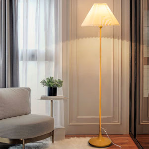 Simple Modern Bedroom Floor Lamp with Pull Cord Wooden Texture Pleated Shade Living Room Decorative Lamp Nordic Style Iron Body