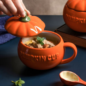 Ceramic Pumpkin Cup Large Capacity Breakfast Mug with Lid Cute Female Halloween Gift Nordic Style Water Cup Spoon Set
