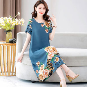 New 2025 Pure Cotton Silk Long Dress for Middle-Aged Women Summer Knee-Length Artificial Cotton Dresses Fashionable Floral Pattern