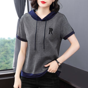 Short Sleeve T-Shirt Women Summer Thin Hooded Loose Ladies Top for Middle-Aged Mothers Casual Comfortable Breathable Cotton Blend
