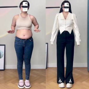 High Waist Slimming Pear Shape Casual Trousers for Women with Pocket Full Length Straight Leg Design Plus Size Wide Leg Opening