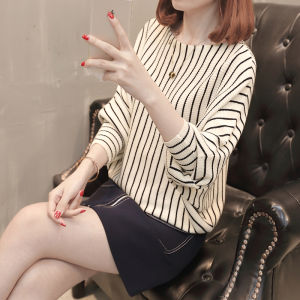 เสื้อสเวตเตอร์ถักแขนยาวทรงหลวมสไตล์เกาหลีสำหรับผู้หญิง ฤดูใบไม้ผลิและฤดูใบไม้ร่วง ลายทาง เสื้อคลุมแฟชั่นไซส์ใหญ่
