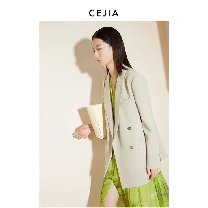 Cejia ชุดสูทลำลองสีเขียวอ่อนสามอะซิเตทมินิมอลเสื้อโค้ทชุดสูทเรียบหรูสำหรับผู้หญิงแบบใหม่ฤดูใบไม้ผลิและฤดูร้อนปี2024