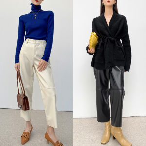 Wandayi 2023 Fall and Winter New Arrival Loose Casual Split Patchwork Elastic High Waist Straight Cropped Leather Pants Female Slim Looking