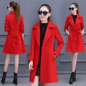 Womens Woolen Coat Slim Fit Waist Cinched Korean Style Mid-Length Versatile Polyester Fabric Long Sleeve Pure Color Coat