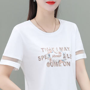 เสื้อยืดคอกลมแขนสั้นผ้าฝ้ายแท้สีขาว ทรงหลวม สำหรับผู้หญิง ฤดูร้อน 2025 เสื้อตัวบนทรงหลวมไซส์ใหญ่สำหรับคุณแม่