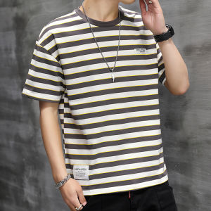 เสื้อยืดแขนสั้นผู้ชายคอตตอนแท้ ทรงหลวม ลายทาง ผ้าไหมน้ำแข็ง แฟชั่นฤดูร้อน 2025 เสื้อยืดคอกลมแขนสั้นใหม่